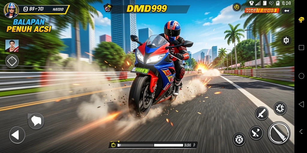 Tampilan gameplay DMD999 dengan aksi balapan motor yang menegangkan.