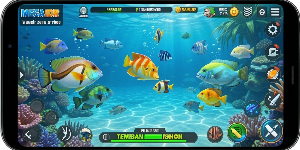 Tampilan gameplay seru dalam MEGAIDR dengan ikan berwarna-warni.