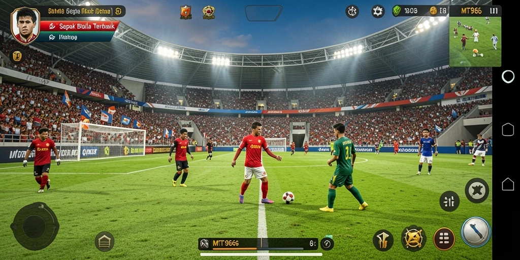 Tampilan gameplay dari MT966 menampilkan aksi dinamis dalam pertandingan sepak bola.