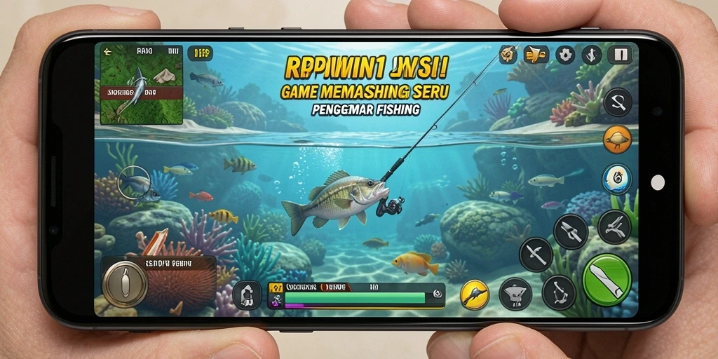 Tampilan screenshot utama RPWIN1 menunjukkan aksi memancing yang seru dan realistis.